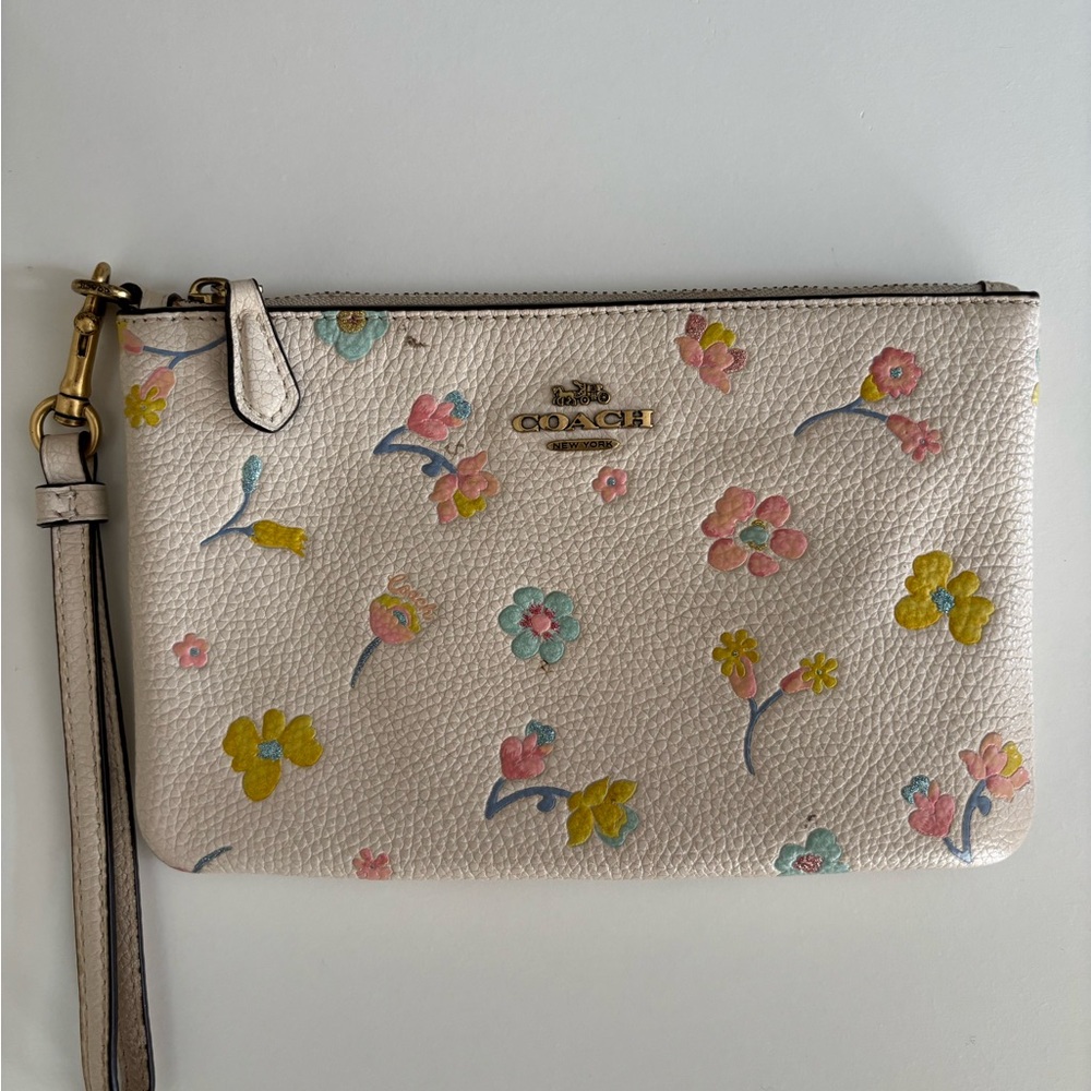 Coach Cream and Pink Floral Wristlet Clutch